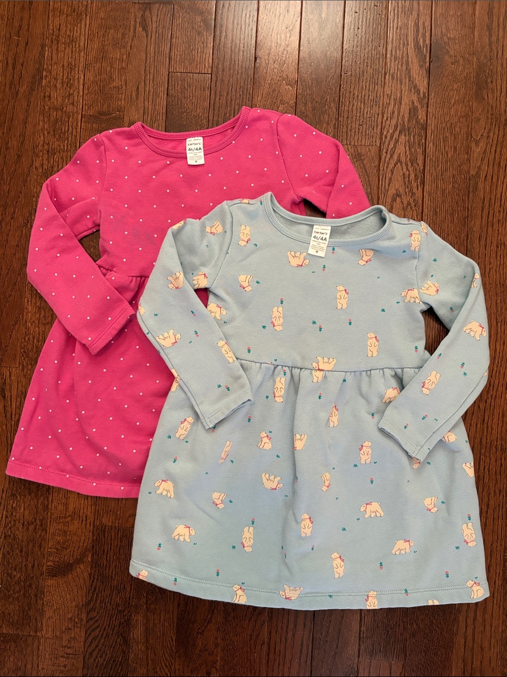 Carter's 4T Pink Polka Dot & Light Blue Bear Fleece Long-Sleeve Dresses (2-Pack)